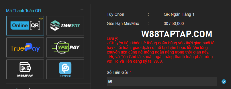 Nạp tiền W88 qua mã QR